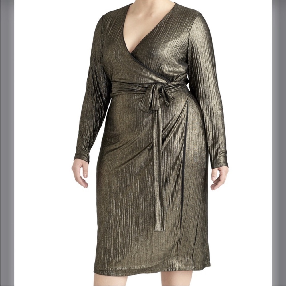 Rachel Roy Collection Pleated Metallic Wrap Dress Black & Gold 2X NWT